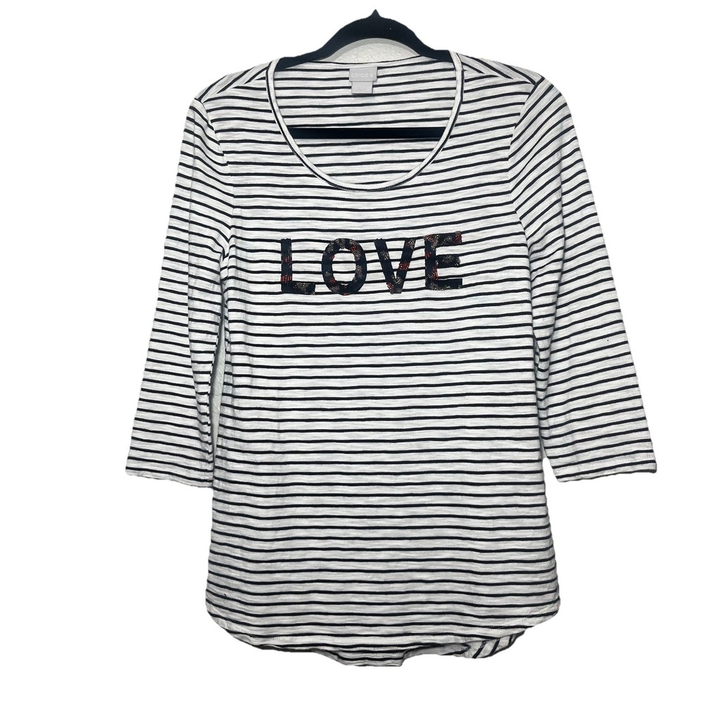 Chico's T-Shirt Womens Striped Beaded Love Graphic Scoop Neck Size 0